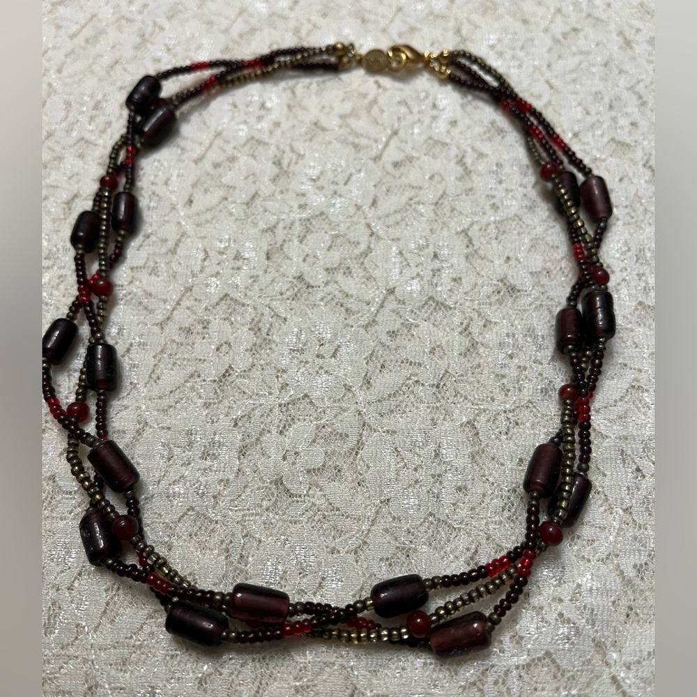 Napier/vintage gold, 3 strand twisted, multicolored glass beads necklace 16”